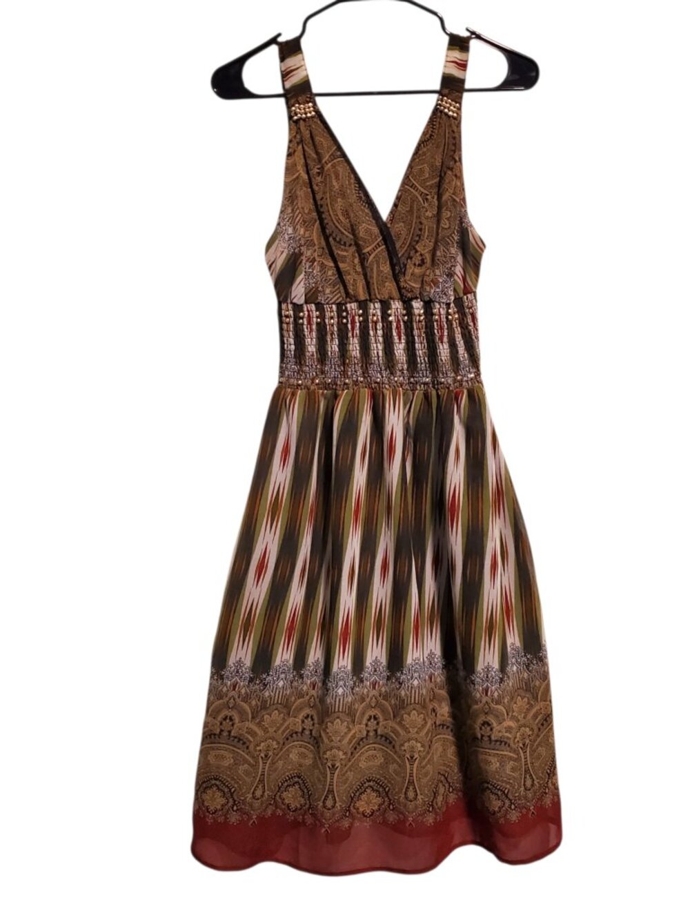 Vintage Y2K Babydoll Ruched Beaded Boho Flowy Midi Dress - Medium